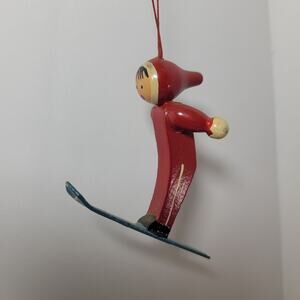 Vintage Wood Skier Figurine Christmas Ornament